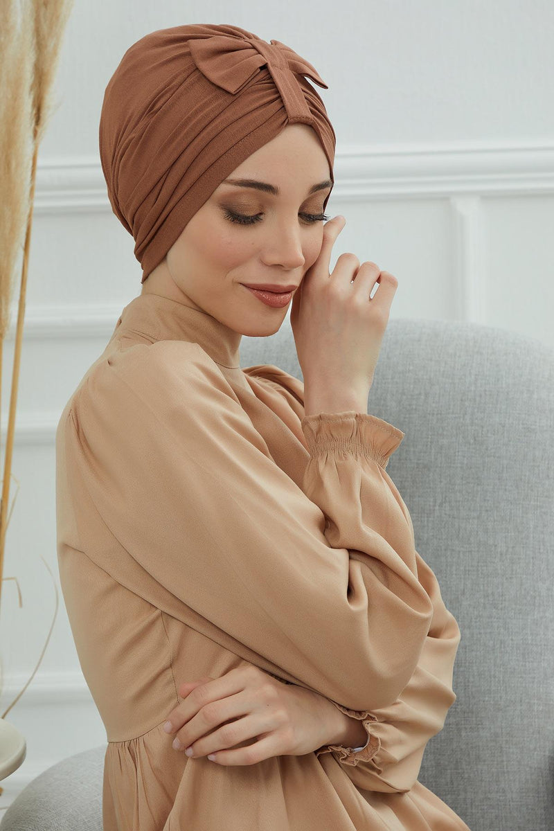 Stylish Bowtie Instant Turban Hijab Bonnet Cap for Women, Easy to Wear Jersey Headwrap with Chic Knot Detail, Modern Modest Fashion,B-7 Caramel Brown