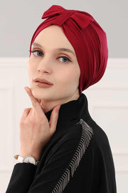 Stylish Bowtie Instant Turban Hijab Bonnet Cap for Women, Easy to Wear Jersey Headwrap with Chic Knot Detail, Modern Modest Fashion,B-7 Maroon