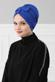 Stylish Bowtie Instant Turban Hijab Bonnet Cap for Women, Easy to Wear Jersey Headwrap with Chic Knot Detail, Modern Modest Fashion,B-7 Sax Blue