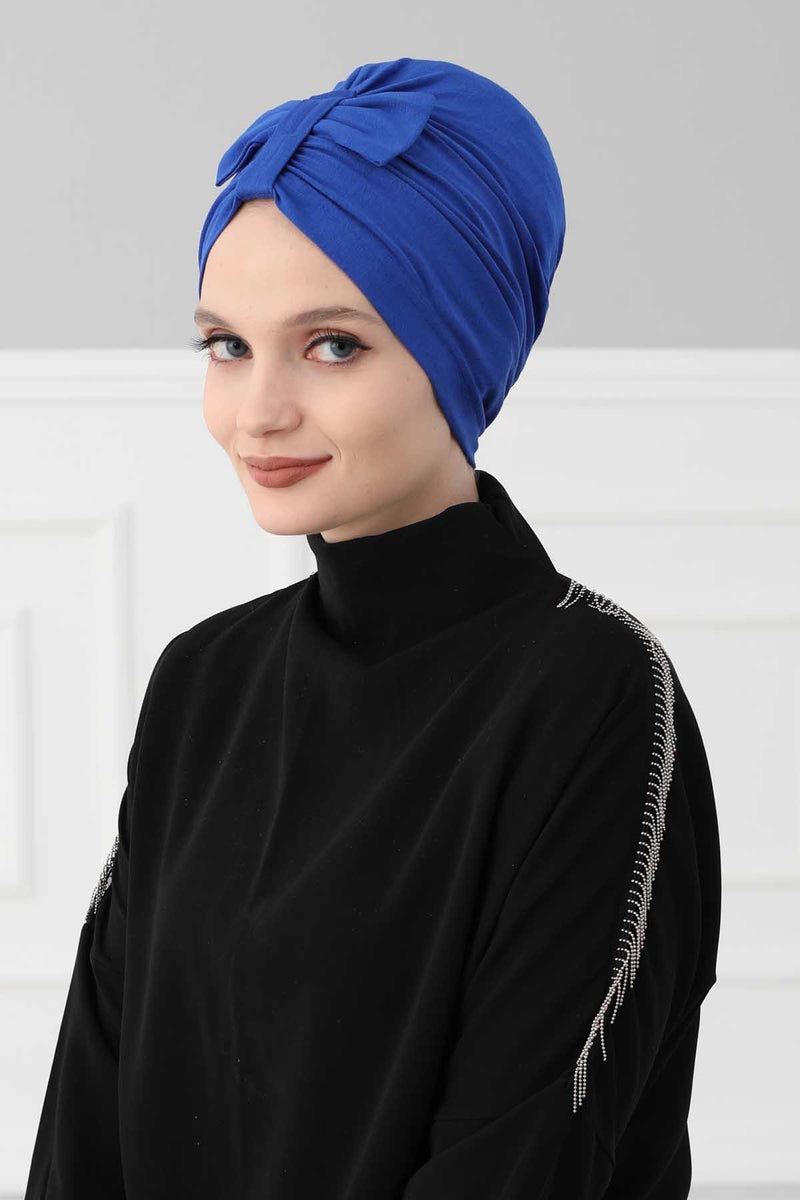 Stylish Bowtie Instant Turban Hijab Bonnet Cap for Women, Easy to Wear Jersey Headwrap with Chic Knot Detail, Modern Modest Fashion,B-7 Sax Blue