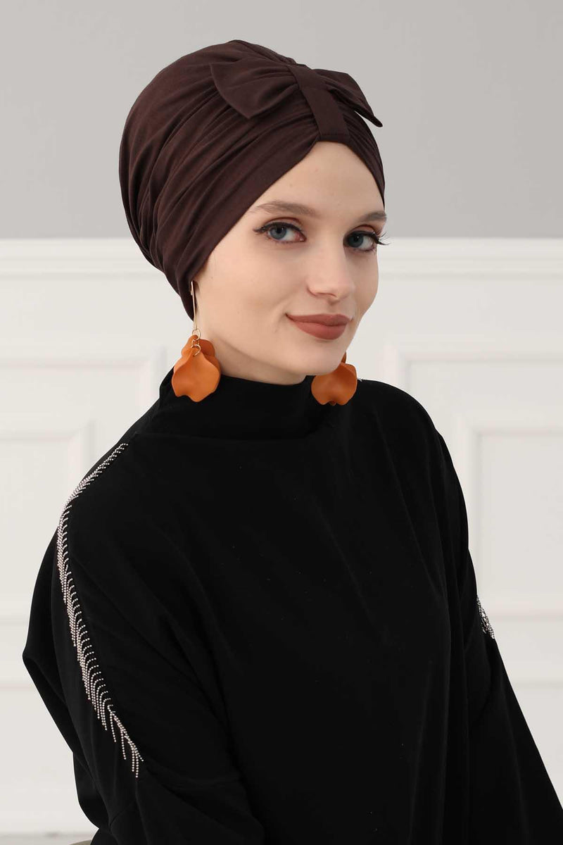 Stylish Bowtie Instant Turban Hijab Bonnet Cap for Women, Easy to Wear Jersey Headwrap with Chic Knot Detail, Modern Modest Fashion,B-7 Brown