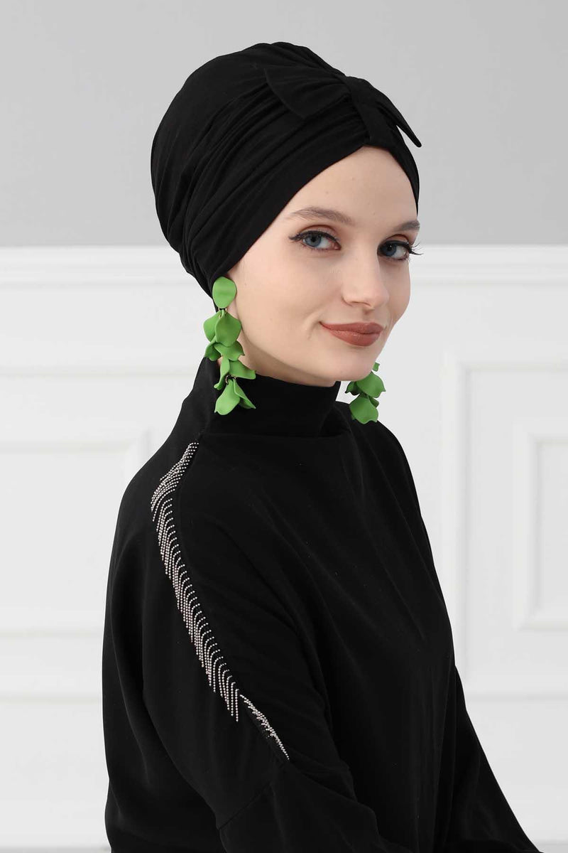 Stylish Bowtie Instant Turban Hijab Bonnet Cap for Women, Easy to Wear Jersey Headwrap with Chic Knot Detail, Modern Modest Fashion,B-7 Black