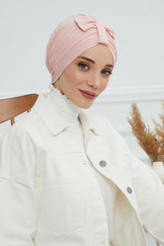 Stylish Bowtie Instant Turban Hijab Bonnet Cap for Women, Easy to Wear Jersey Headwrap with Chic Knot Detail, Modern Modest Fashion,B-7 Powder