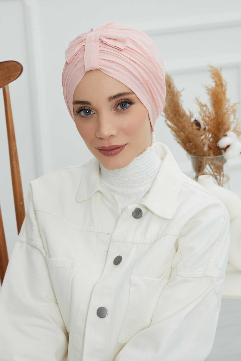 Stylish Bowtie Instant Turban Hijab Bonnet Cap for Women, Easy to Wear Jersey Headwrap with Chic Knot Detail, Modern Modest Fashion,B-7 Powder