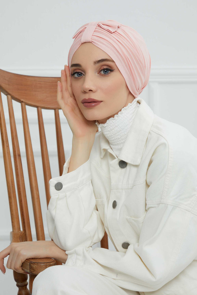 Stylish Bowtie Instant Turban Hijab Bonnet Cap for Women, Easy to Wear Jersey Headwrap with Chic Knot Detail, Modern Modest Fashion,B-7 Powder