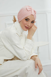 Stylish Bowtie Instant Turban Hijab Bonnet Cap for Women, Easy to Wear Jersey Headwrap with Chic Knot Detail, Modern Modest Fashion,B-7 Powder