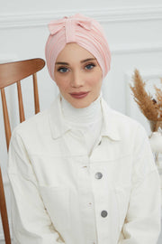 Stylish Bowtie Instant Turban Hijab Bonnet Cap for Women, Easy to Wear Jersey Headwrap with Chic Knot Detail, Modern Modest Fashion,B-7 Powder