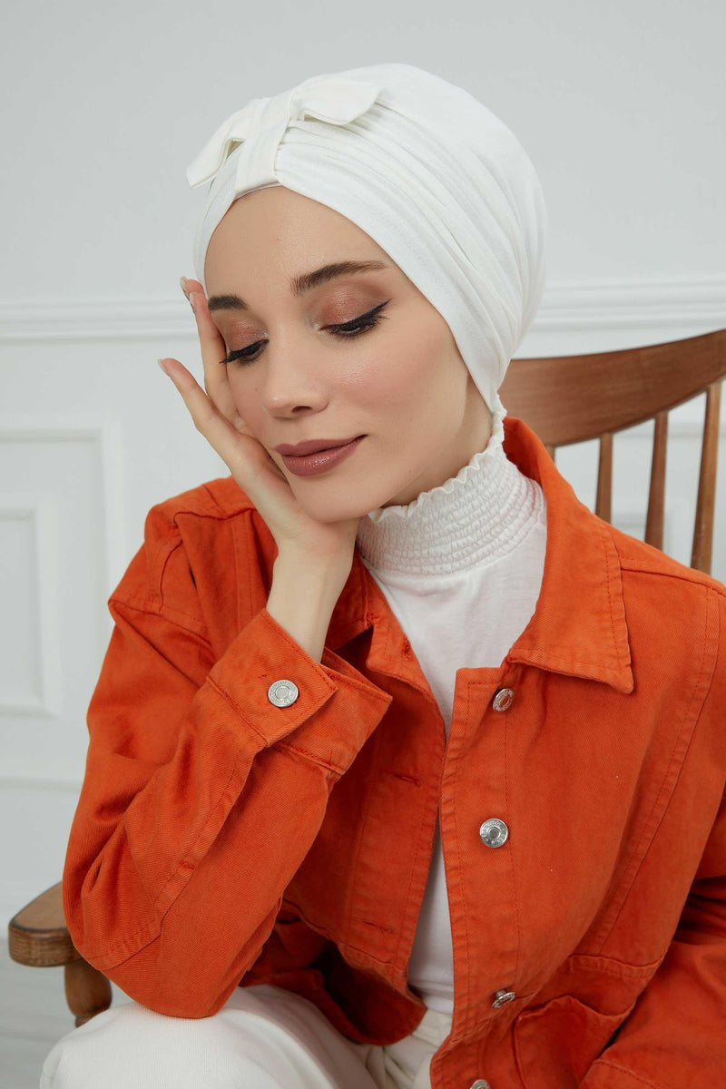 Stylish Bowtie Instant Turban Hijab Bonnet Cap for Women, Easy to Wear Jersey Headwrap with Chic Knot Detail, Modern Modest Fashion,B-7 Ivory