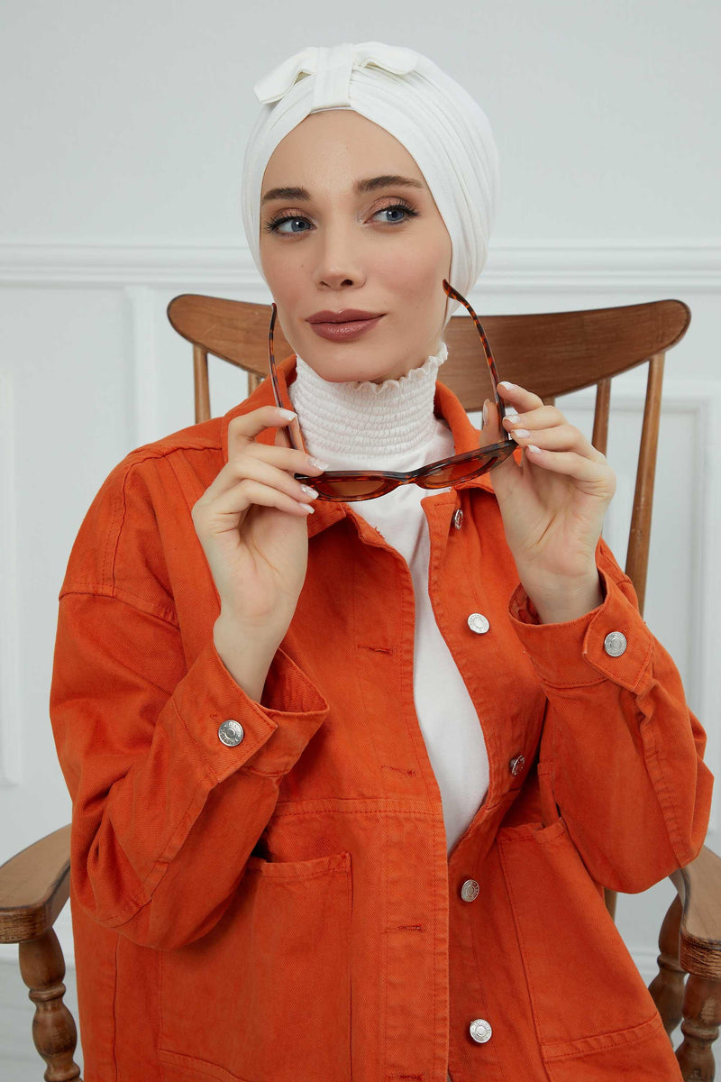 Stylish Bowtie Instant Turban Hijab Bonnet Cap for Women, Easy to Wear Jersey Headwrap with Chic Knot Detail, Modern Modest Fashion,B-7 Ivory