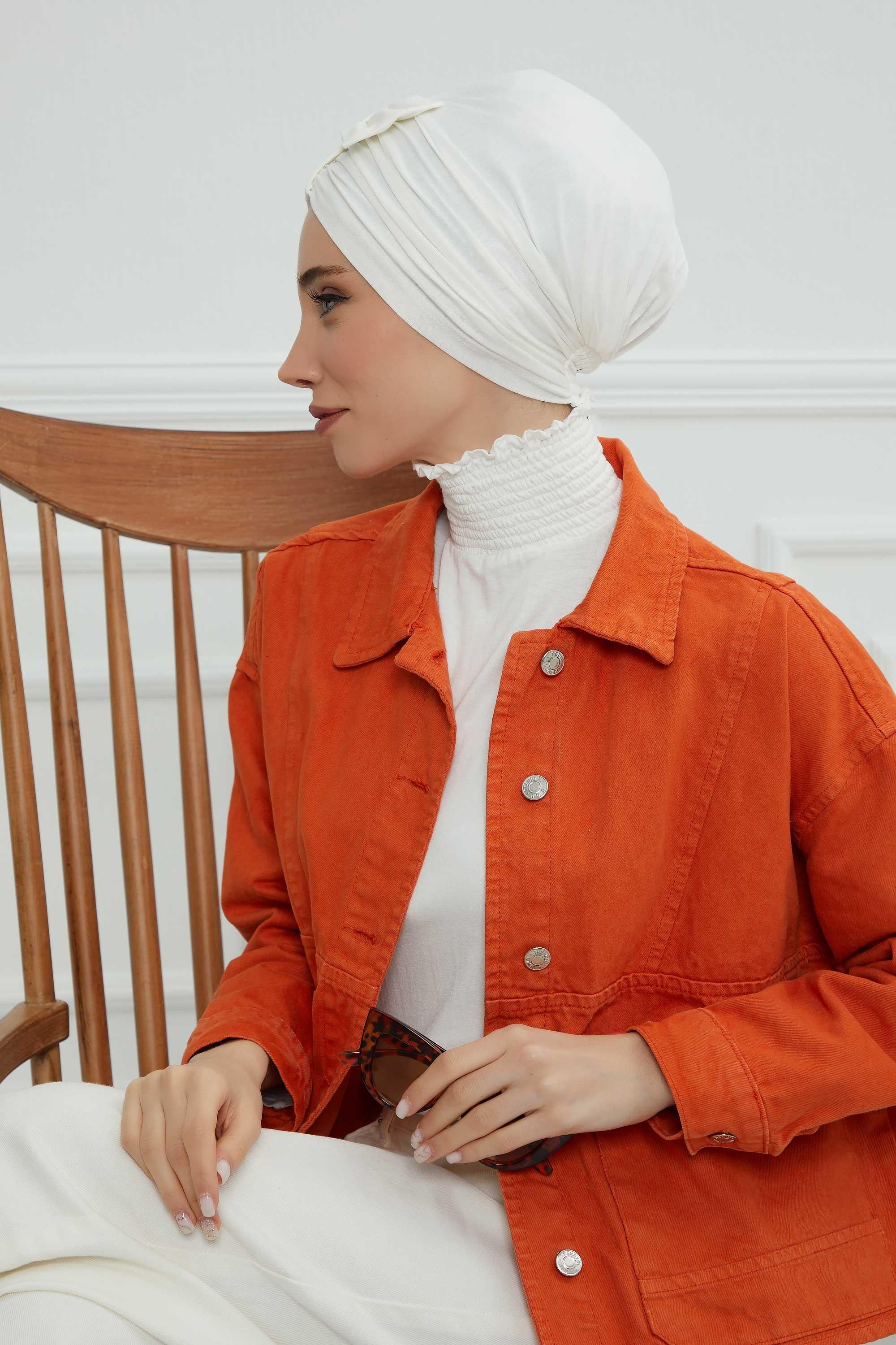 Stylish Bowtie Instant Turban Hijab Bonnet Cap for Women, Easy to Wear Jersey Headwrap with Chic Knot Detail, Modern Modest Fashion,B-7 Ivory