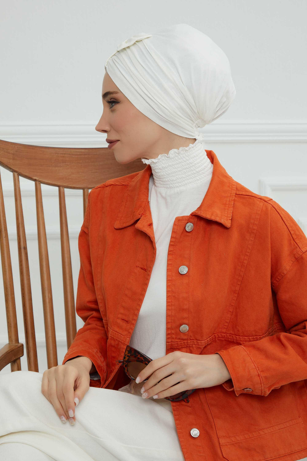Stylish Bowtie Instant Turban Hijab Bonnet Cap for Women, Easy to Wear Jersey Headwrap with Chic Knot Detail, Modern Modest Fashion,B-7 Ivory