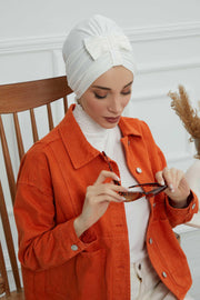 Stylish Bowtie Instant Turban Hijab Bonnet Cap for Women, Easy to Wear Jersey Headwrap with Chic Knot Detail, Modern Modest Fashion,B-7 Ivory