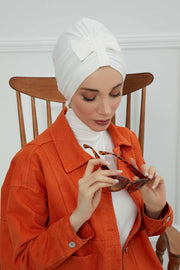 Stylish Bowtie Instant Turban Hijab Bonnet Cap for Women, Easy to Wear Jersey Headwrap with Chic Knot Detail, Modern Modest Fashion,B-7 Ivory