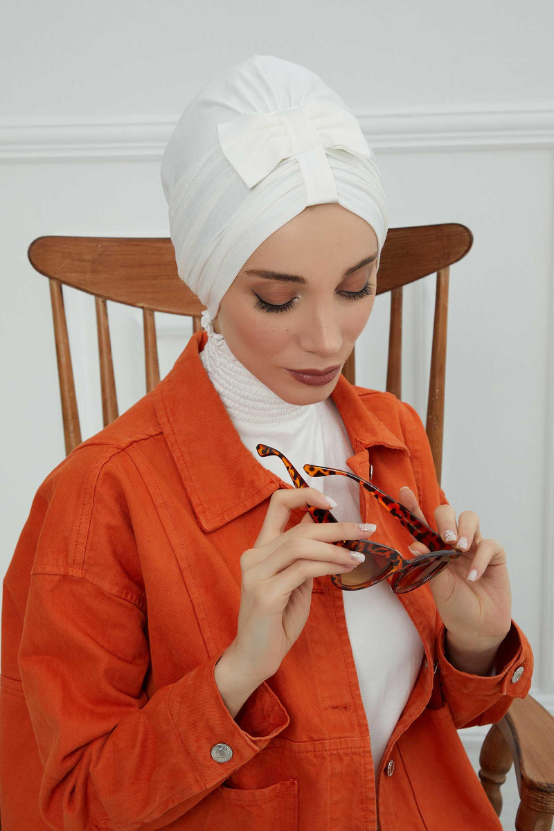 Stylish Bowtie Instant Turban Hijab Bonnet Cap for Women, Easy to Wear Jersey Headwrap with Chic Knot Detail, Modern Modest Fashion,B-7 Ivory