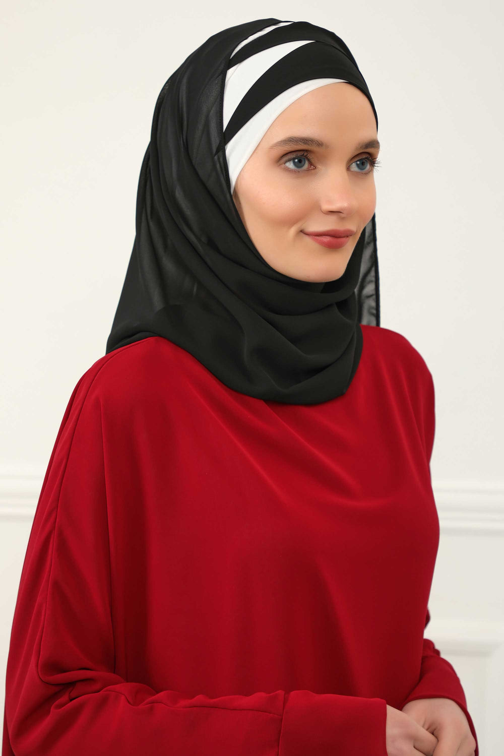 Stylish Double Layer Instant Chiffon Shawl Hijab for Women, Stylish Breathable Women Shawl Headscarf, Dual-Color Chiffon Shawl,CPS-84 Black - Broken White