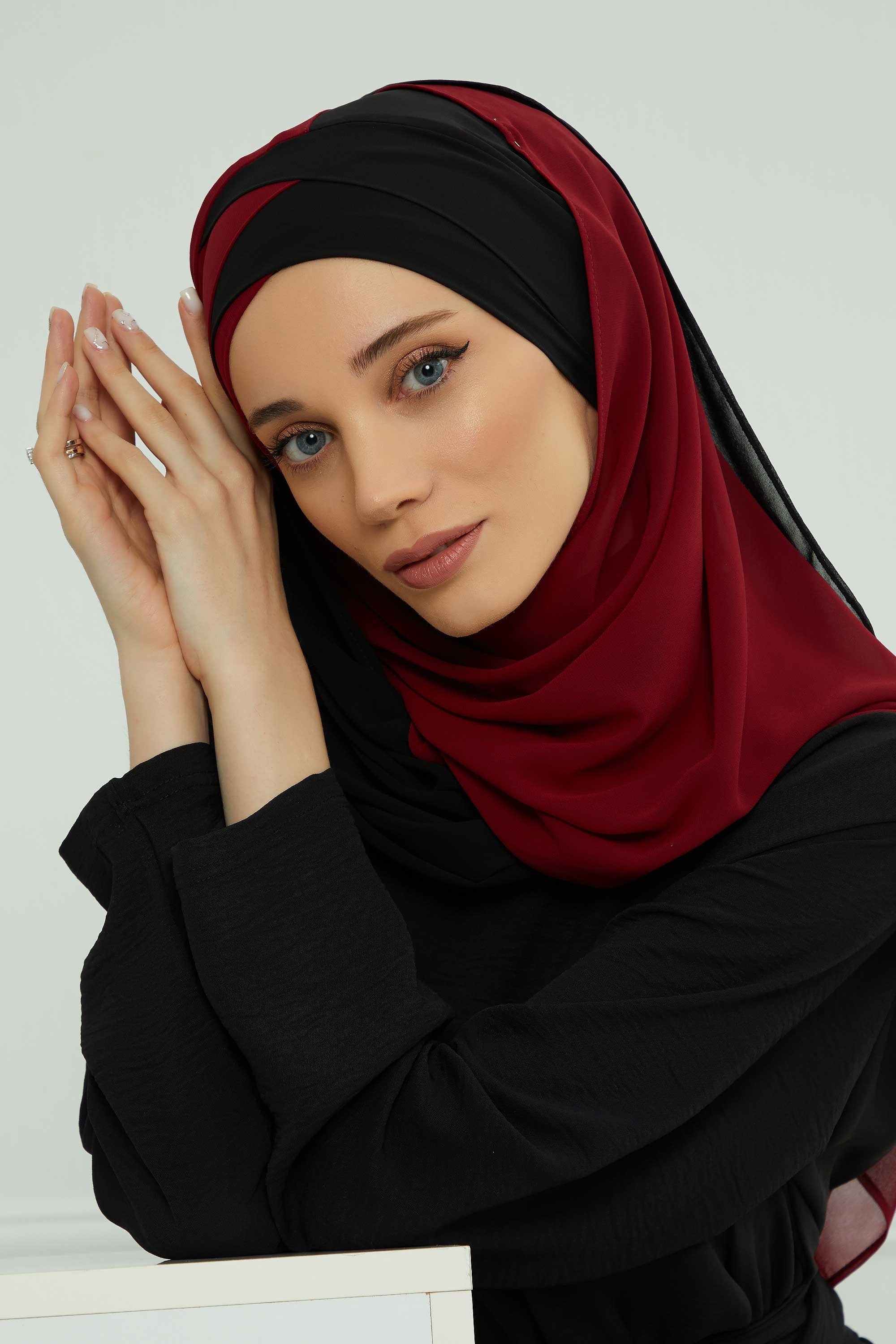 Stylish Double Layer Instant Chiffon Shawl Hijab for Women, Stylish Breathable Women Shawl Headscarf, Dual-Color Chiffon Shawl,CPS-84 Black - Maroon