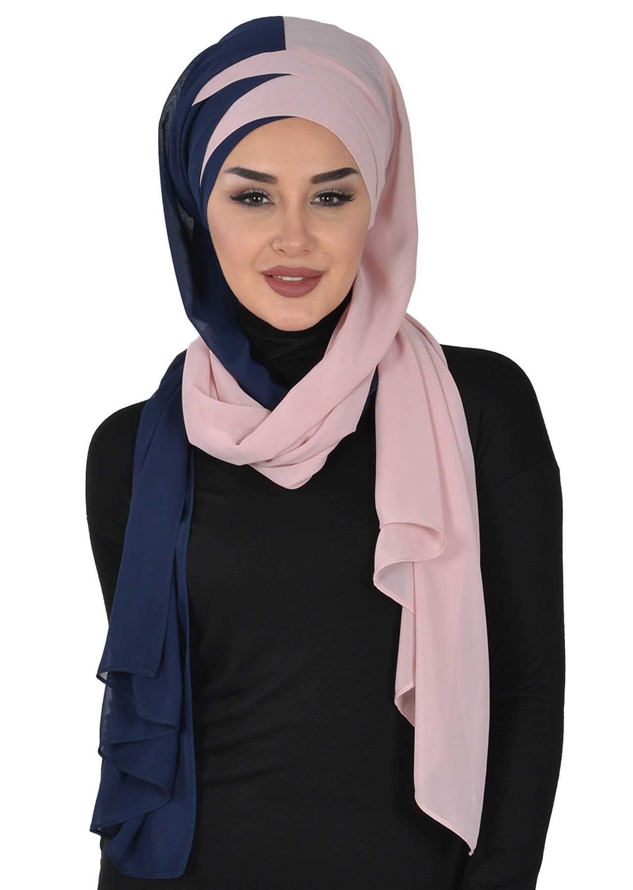 Stylish Double Layer Instant Chiffon Shawl Hijab for Women, Stylish Breathable Women Shawl Headscarf, Dual-Color Chiffon Shawl,CPS-84 Navy Blue - Powder