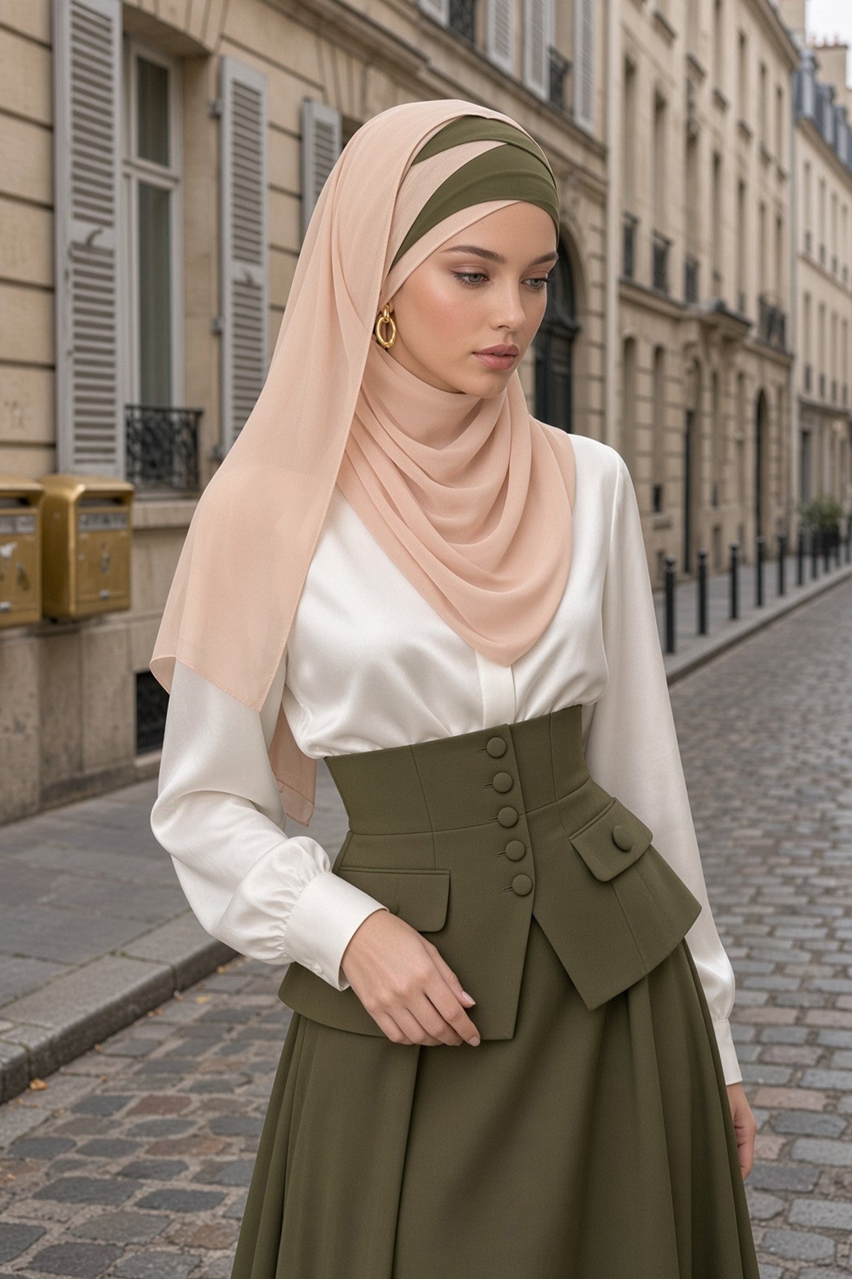 Stylish Double Layer Instant Chiffon Shawl Hijab for Women, Stylish Breathable Women Shawl Headscarf, Dual-Color Chiffon Shawl,CPS-84 Army Green - Beige