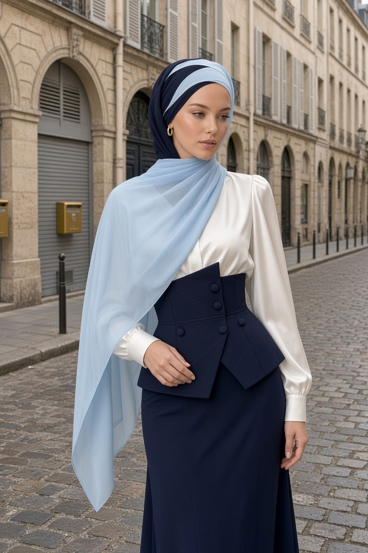 Stylish Double Layer Instant Chiffon Shawl Hijab for Women, Stylish Breathable Women Shawl Headscarf, Dual-Color Chiffon Shawl,CPS-84 Navy Blue - Baby Blue