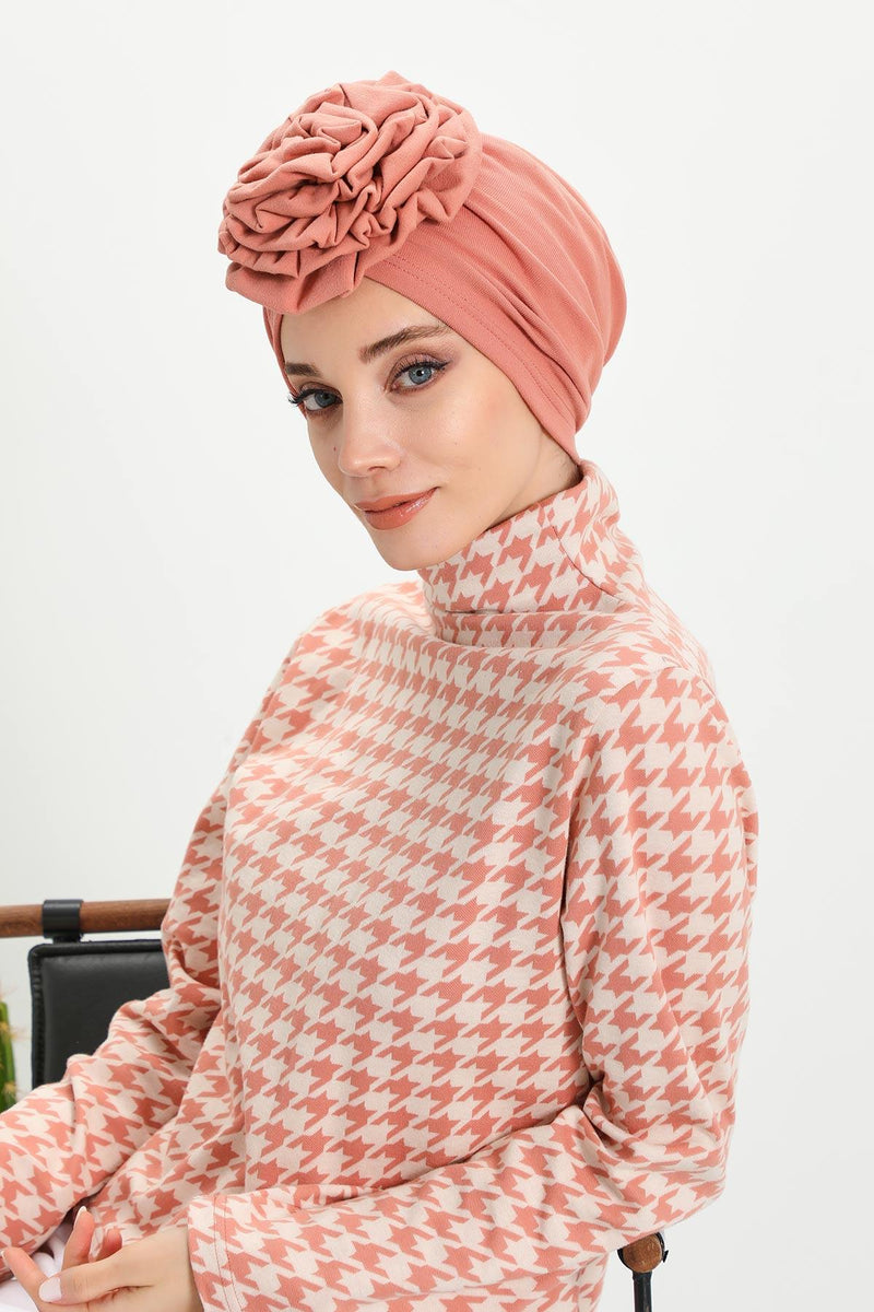 Stylish Rose Design Winter Bonnet for Women, Stretchable Ribbed Instant Turban for Cold Weather, Rose Accent Chemo Headwear,B-21RB