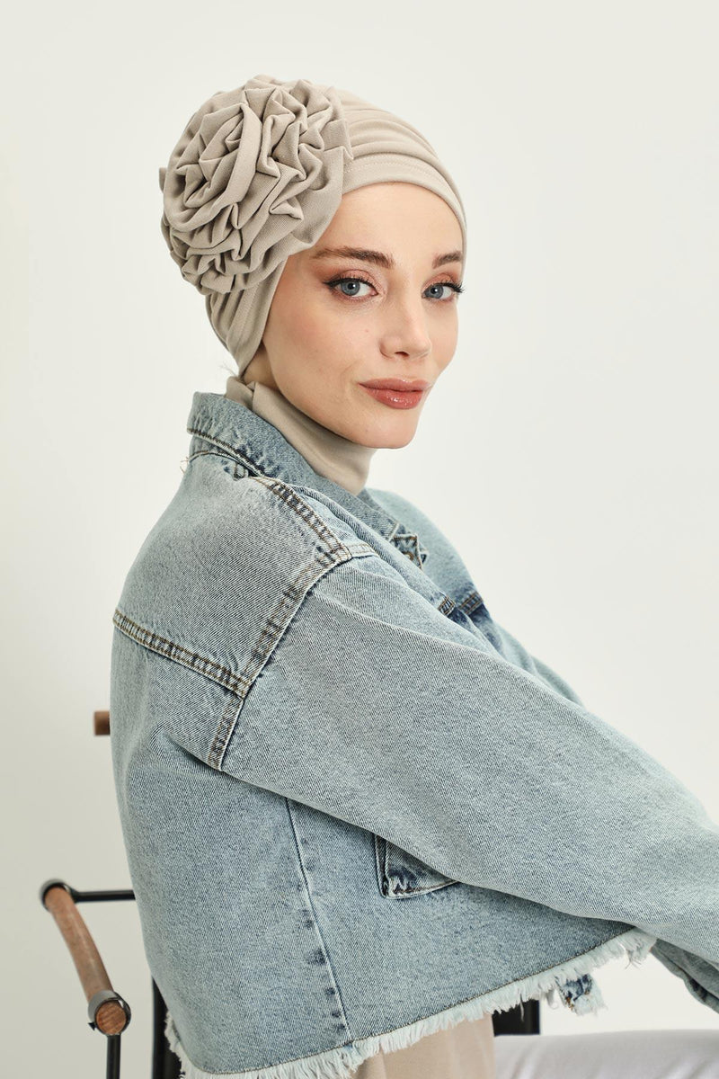 Stylish Rose Design Winter Bonnet for Women, Stretchable Ribbed Instant Turban for Cold Weather, Rose Accent Chemo Headwear,B-21RB