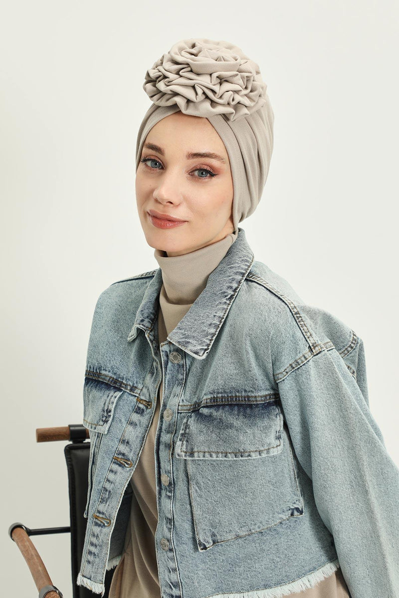 Stylish Rose Design Winter Bonnet for Women, Stretchable Ribbed Instant Turban for Cold Weather, Rose Accent Chemo Headwear,B-21RB