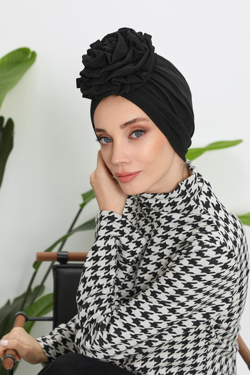 Stylish Rose Design Winter Bonnet for Women, Stretchable Ribbed Instant Turban for Cold Weather, Rose Accent Chemo Headwear,B-21RB