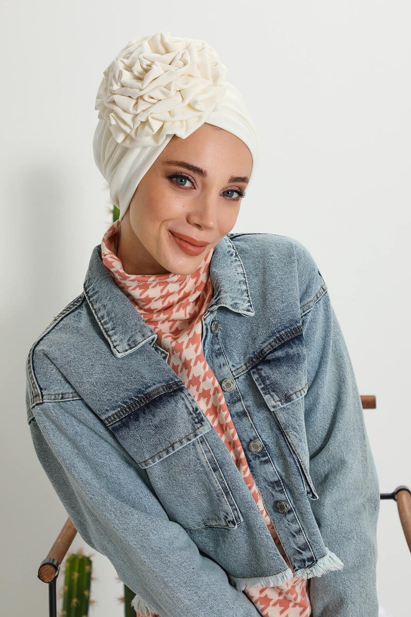 Stylish Rose Design Winter Bonnet for Women, Stretchable Ribbed Instant Turban for Cold Weather, Rose Accent Chemo Headwear,B-21RB