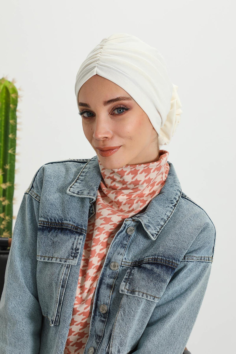 Stylish Rose Design Winter Bonnet for Women, Stretchable Ribbed Instant Turban for Cold Weather, Rose Accent Chemo Headwear,B-21RB