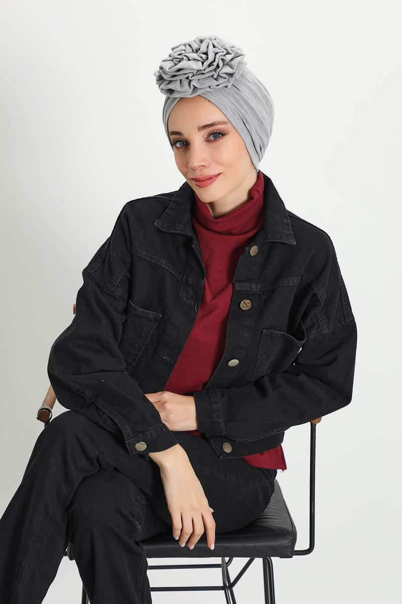 Stylish Rose Design Winter Bonnet for Women, Stretchable Ribbed Instant Turban for Cold Weather, Rose Accent Chemo Headwear,B-21RB