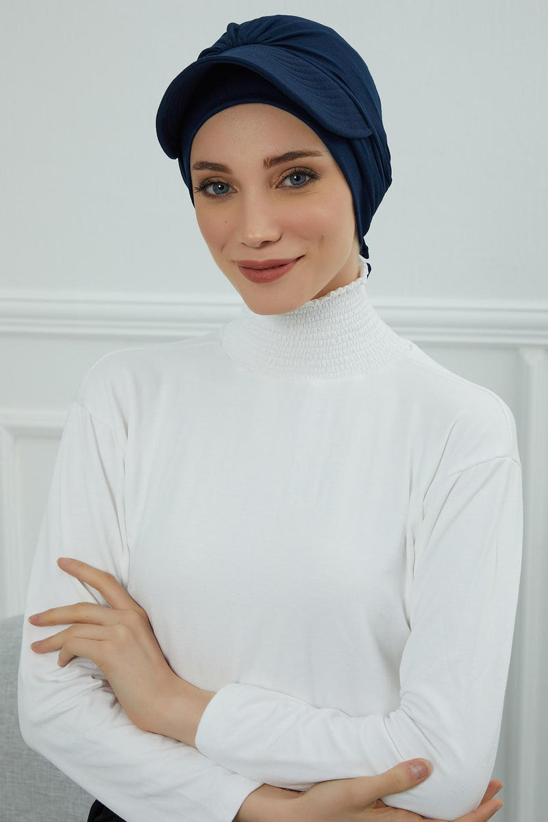 Stylish Visor Cap Instant Turban Hijab for Women, Trendy Visor Cap for Hair Loss Patients, Chemo Visor Cap, Visor Full Head Covering,B-66 Navy Blue
