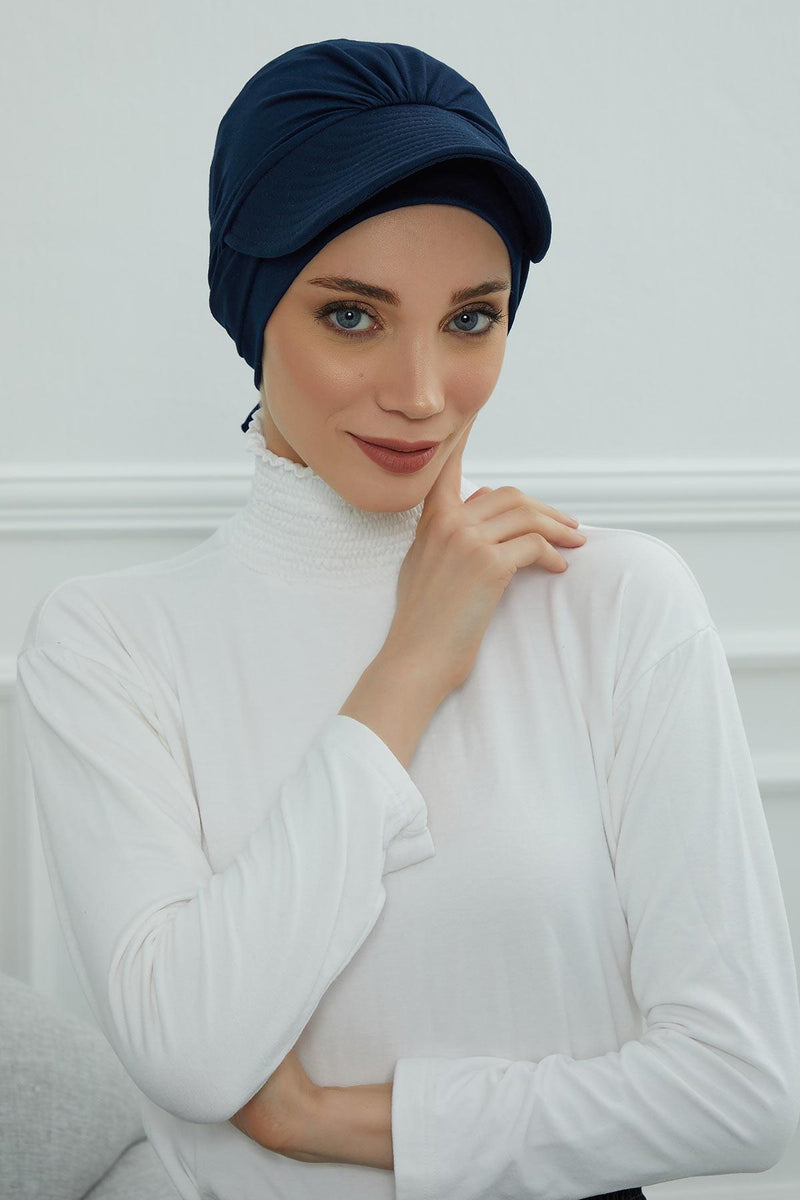Stylish Visor Cap Instant Turban Hijab for Women, Trendy Visor Cap for Hair Loss Patients, Chemo Visor Cap, Visor Full Head Covering,B-66 Navy Blue