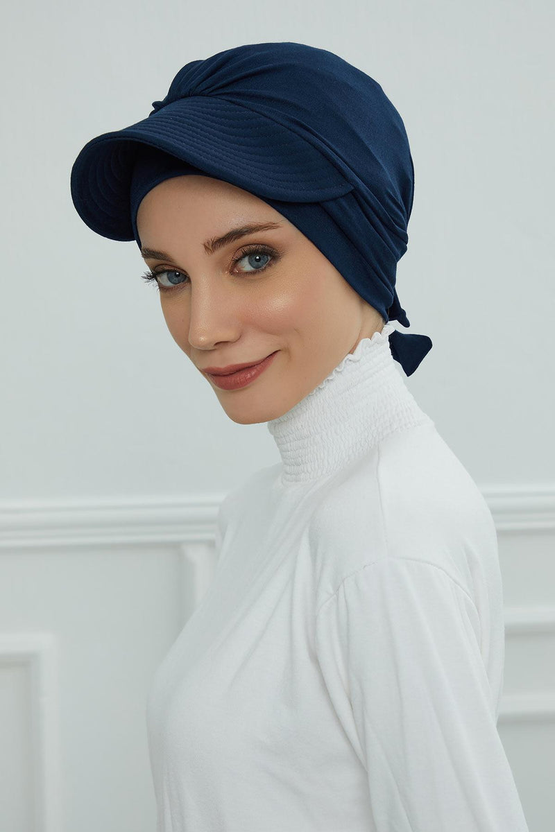 Stylish Visor Cap Instant Turban Hijab for Women, Trendy Visor Cap for Hair Loss Patients, Chemo Visor Cap, Visor Full Head Covering,B-66 Navy Blue