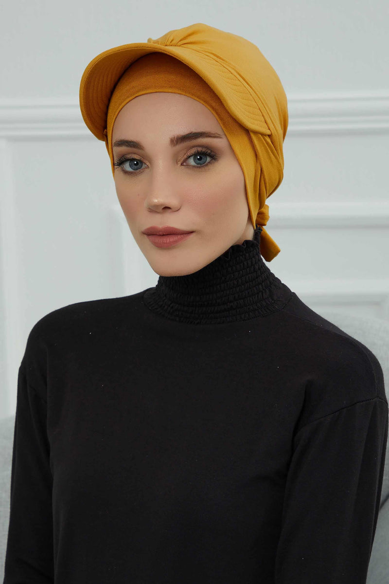 Stylish Visor Cap Instant Turban Hijab for Women, Trendy Visor Cap for Hair Loss Patients, Chemo Visor Cap, Visor Full Head Covering,B-66 Mustard Yellow