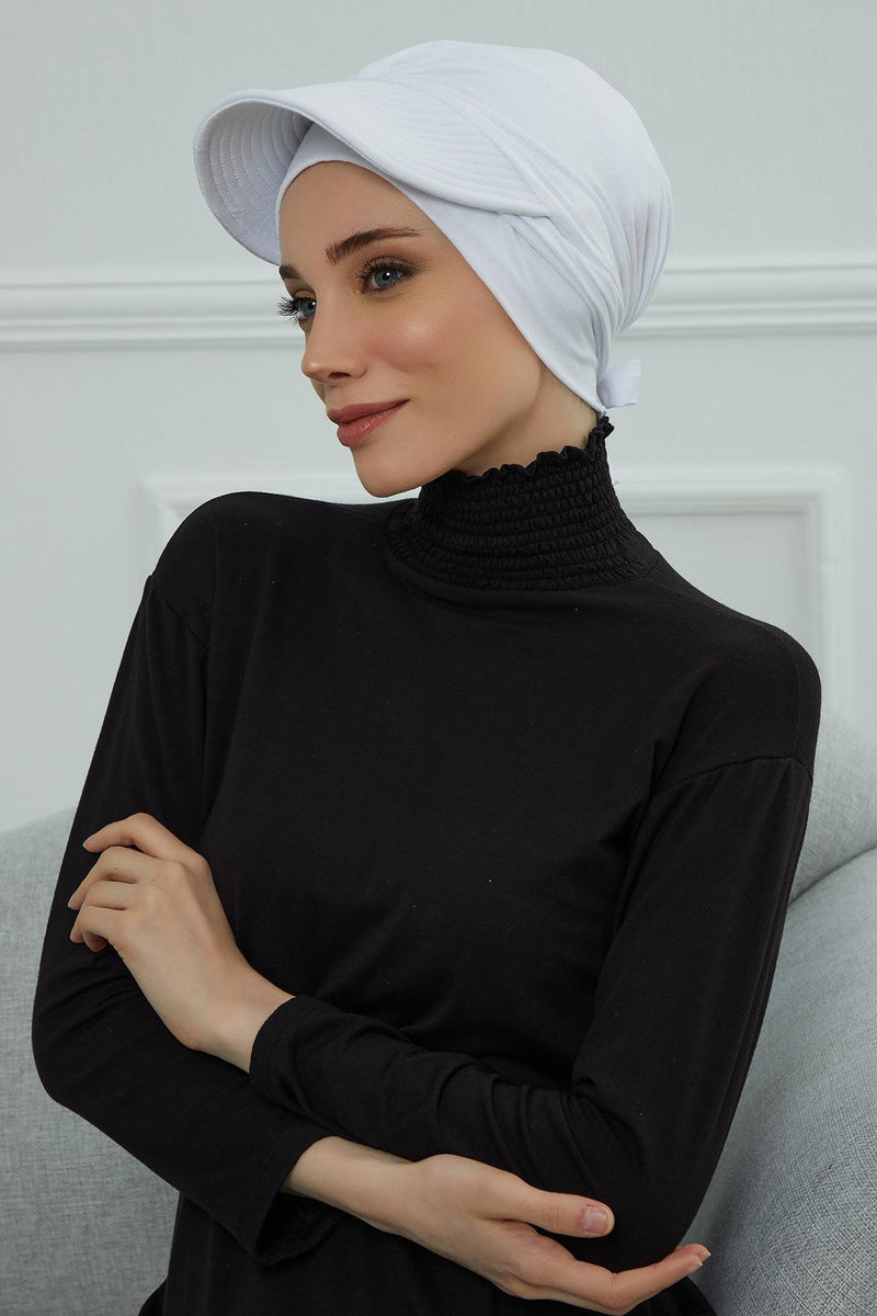 Stylish Visor Cap Instant Turban Hijab for Women, Trendy Visor Cap for Hair Loss Patients, Chemo Visor Cap, Visor Full Head Covering,B-66 White
