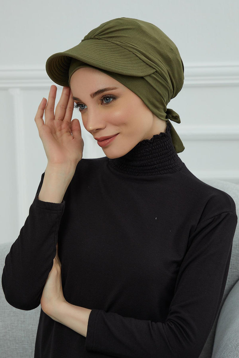 Stylish Visor Cap Instant Turban Hijab for Women, Trendy Visor Cap for Hair Loss Patients, Chemo Visor Cap, Visor Full Head Covering,B-66 Army Green