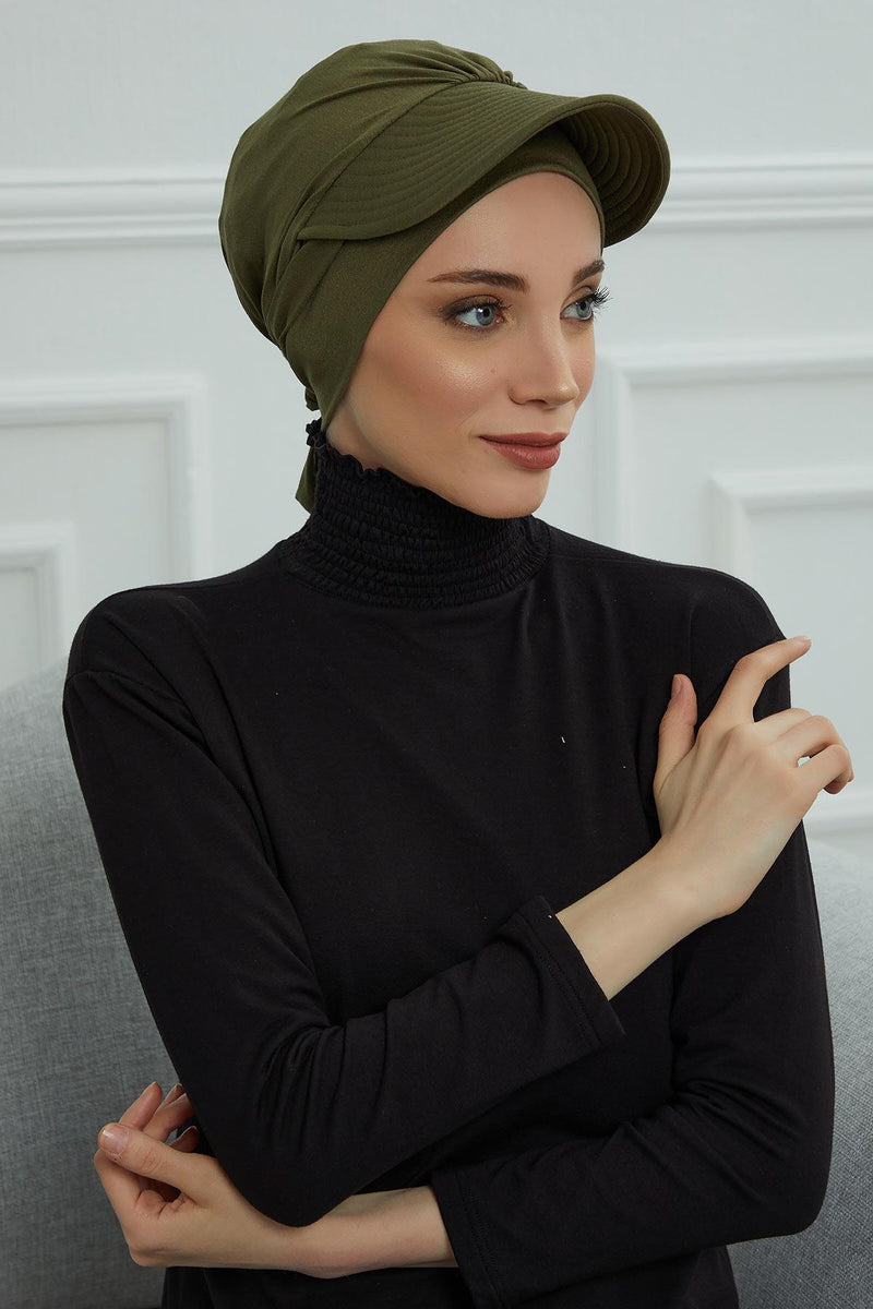 Stylish Visor Cap Instant Turban Hijab for Women, Trendy Visor Cap for Hair Loss Patients, Chemo Visor Cap, Visor Full Head Covering,B-66 Army Green