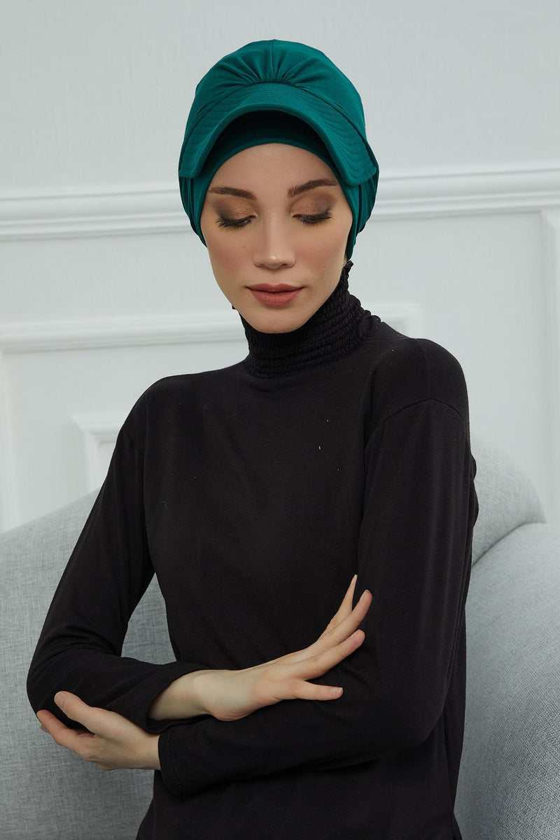 Stylish Visor Cap Instant Turban Hijab for Women, Trendy Visor Cap for Hair Loss Patients, Chemo Visor Cap, Visor Full Head Covering,B-66 Green