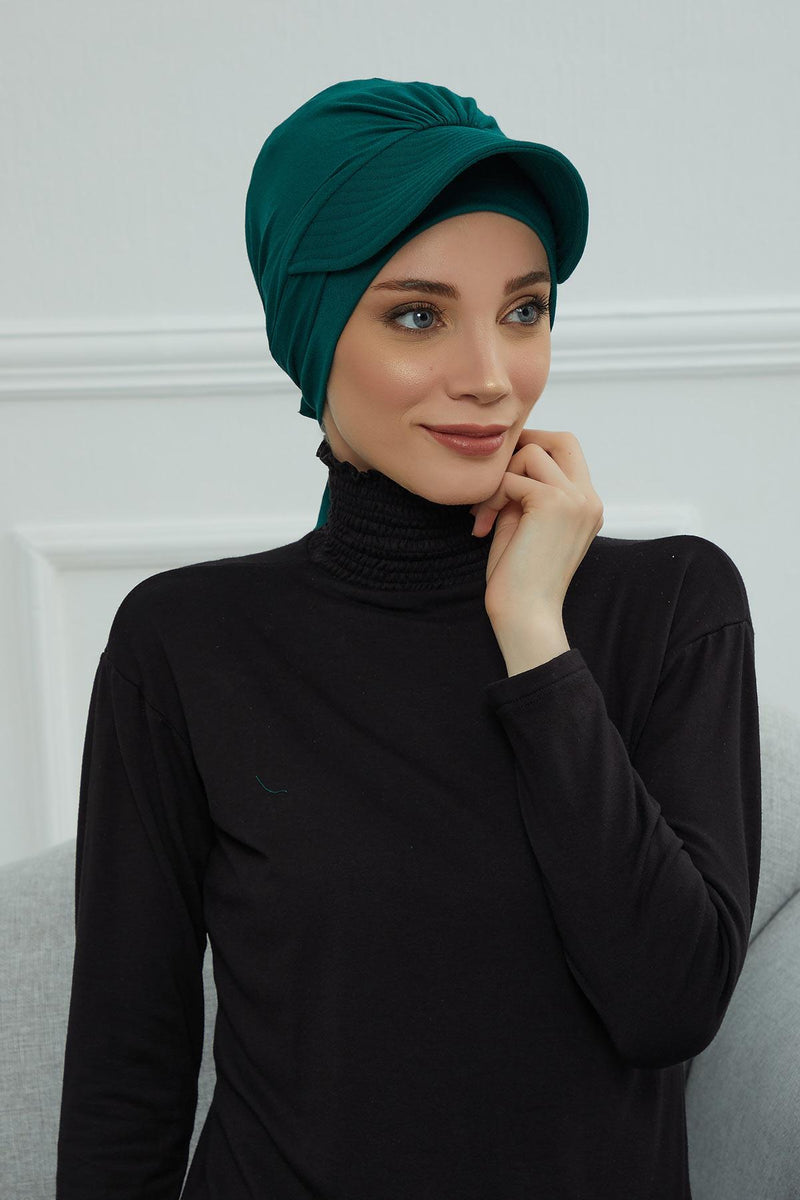 Stylish Visor Cap Instant Turban Hijab for Women, Trendy Visor Cap for Hair Loss Patients, Chemo Visor Cap, Visor Full Head Covering,B-66 Green