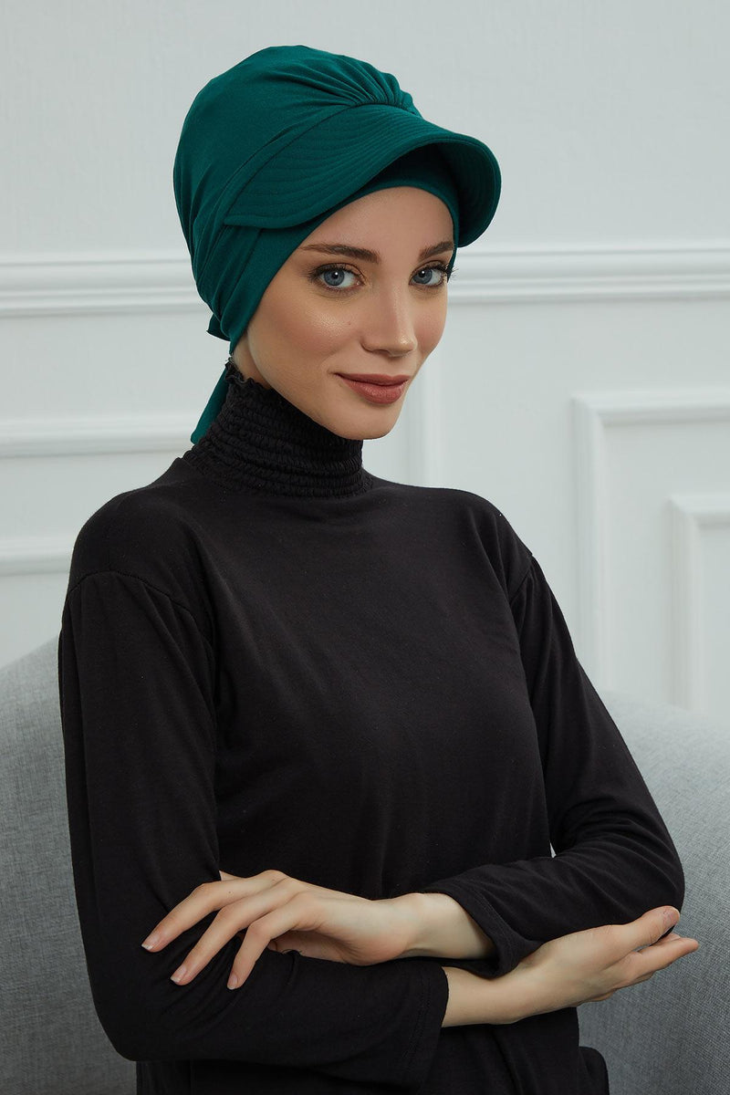Stylish Visor Cap Instant Turban Hijab for Women, Trendy Visor Cap for Hair Loss Patients, Chemo Visor Cap, Visor Full Head Covering,B-66 Green