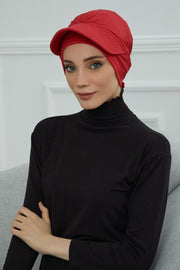 Stylish Visor Cap Instant Turban Hijab for Women, Trendy Visor Cap for Hair Loss Patients, Chemo Visor Cap, Visor Full Head Covering,B-66 Red