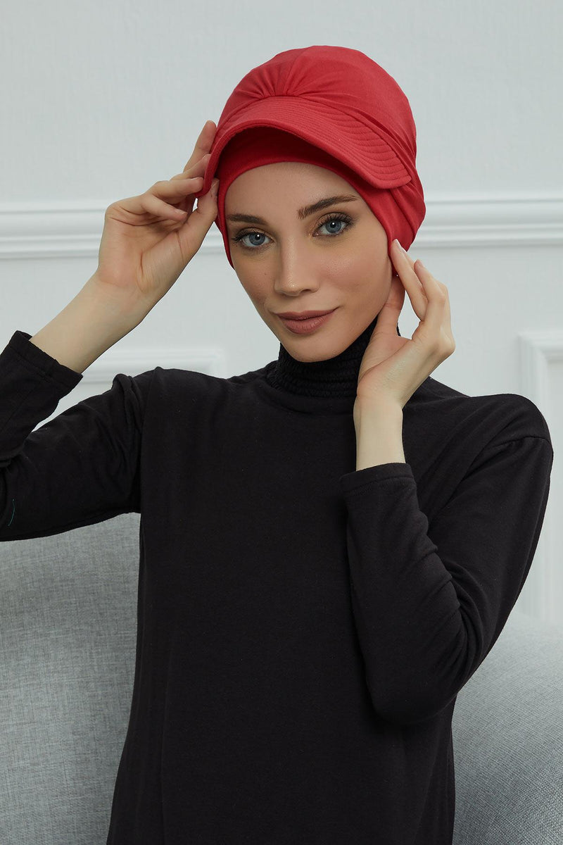 Stylish Visor Cap Instant Turban Hijab for Women, Trendy Visor Cap for Hair Loss Patients, Chemo Visor Cap, Visor Full Head Covering,B-66 Red