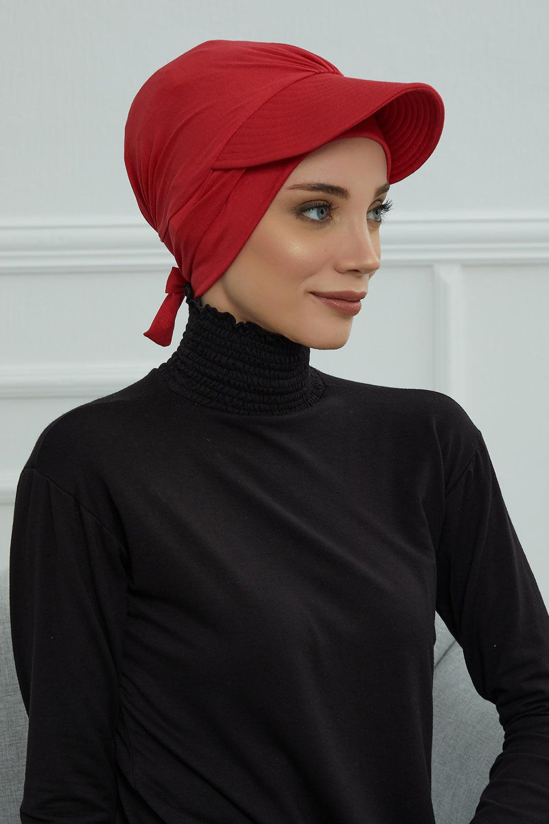Stylish Visor Cap Instant Turban Hijab for Women, Trendy Visor Cap for Hair Loss Patients, Chemo Visor Cap, Visor Full Head Covering,B-66 Red