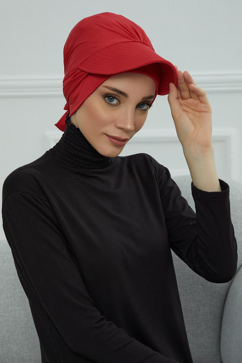 Stylish Visor Cap Instant Turban Hijab for Women, Trendy Visor Cap for Hair Loss Patients, Chemo Visor Cap, Visor Full Head Covering,B-66 Red