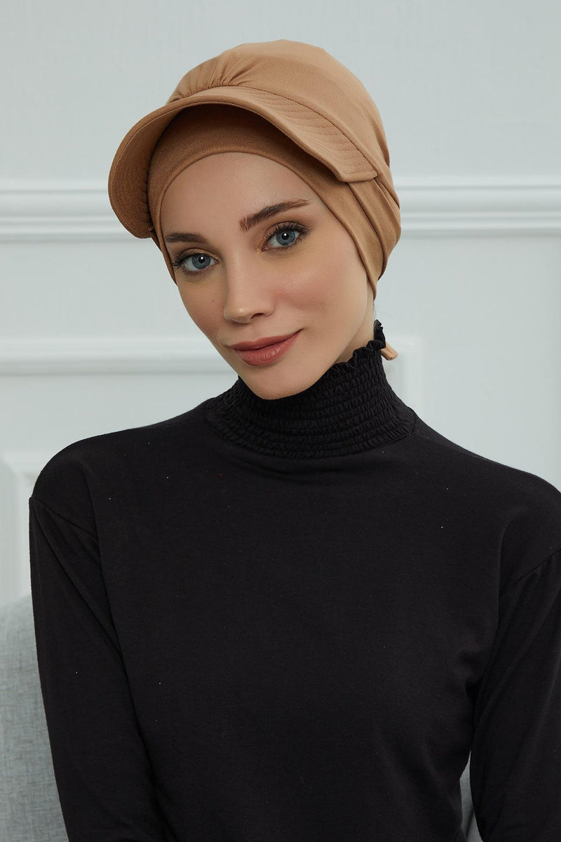 Stylish Visor Cap Instant Turban Hijab for Women, Trendy Visor Cap for Hair Loss Patients, Chemo Visor Cap, Visor Full Head Covering,B-66 Light Brown