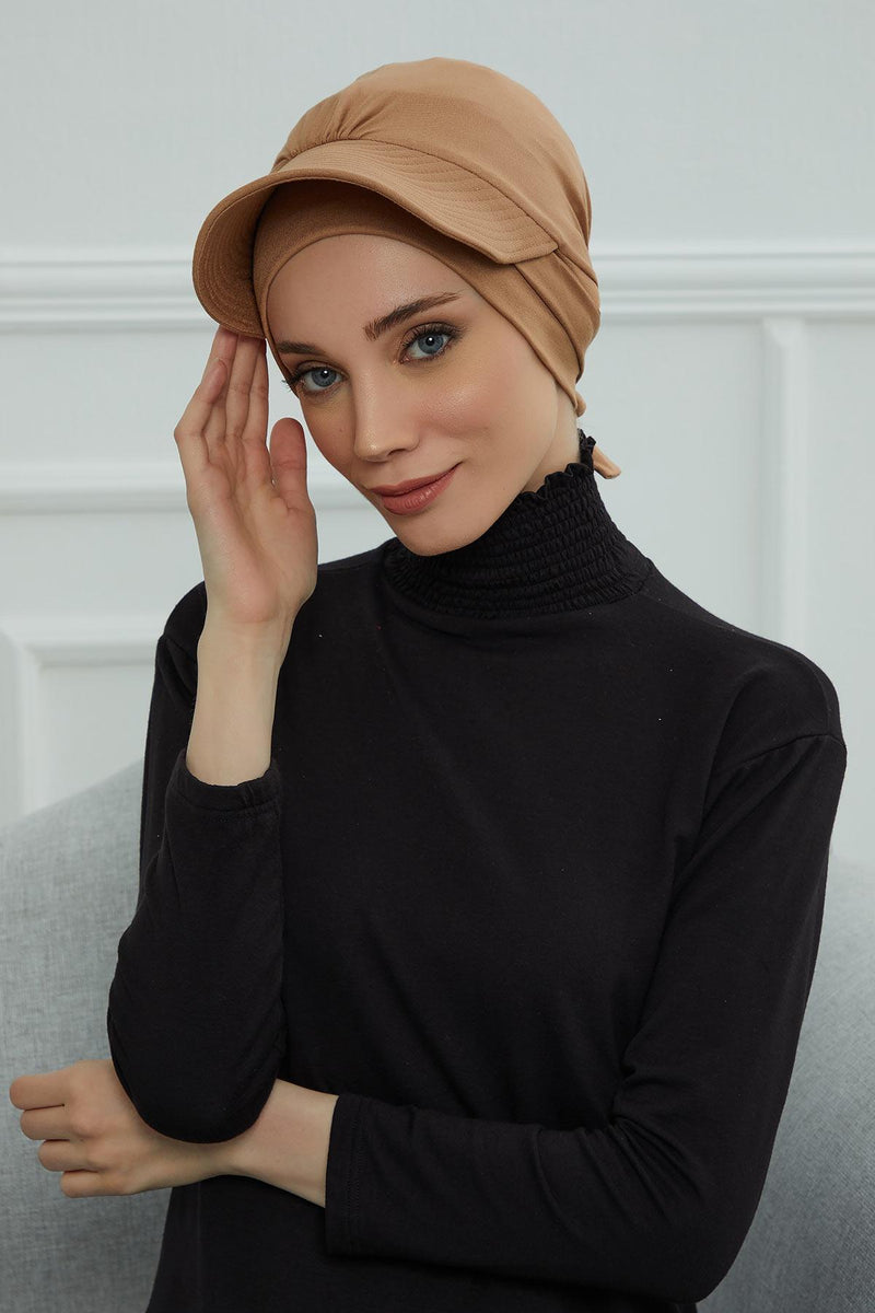 Stylish Visor Cap Instant Turban Hijab for Women, Trendy Visor Cap for Hair Loss Patients, Chemo Visor Cap, Visor Full Head Covering,B-66 Light Brown