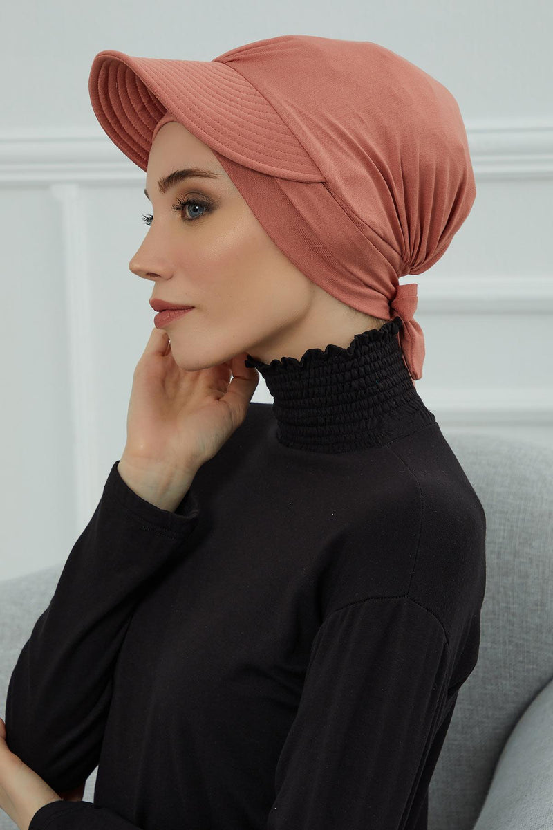 Stylish Visor Cap Instant Turban Hijab for Women, Trendy Visor Cap for Hair Loss Patients, Chemo Visor Cap, Visor Full Head Covering,B-66 Salmon