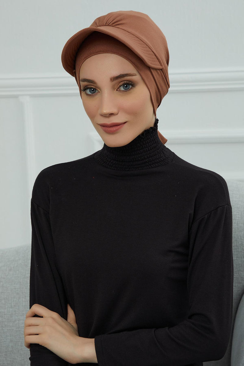 Stylish Visor Cap Instant Turban Hijab for Women, Trendy Visor Cap for Hair Loss Patients, Chemo Visor Cap, Visor Full Head Covering,B-66 Caramel Brown