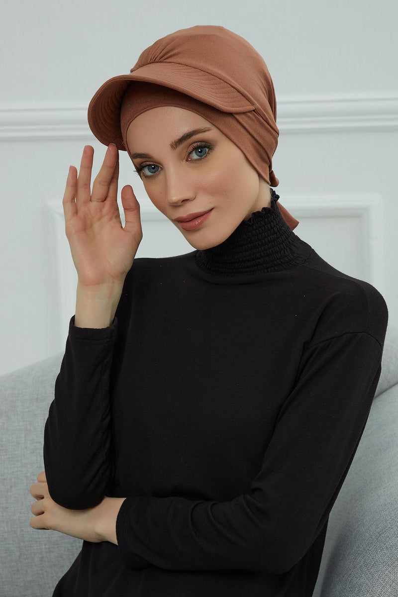 Stylish Visor Cap Instant Turban Hijab for Women, Trendy Visor Cap for Hair Loss Patients, Chemo Visor Cap, Visor Full Head Covering,B-66 Caramel Brown
