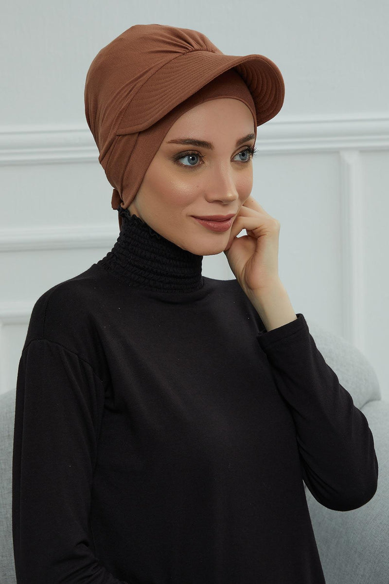 Stylish Visor Cap Instant Turban Hijab for Women, Trendy Visor Cap for Hair Loss Patients, Chemo Visor Cap, Visor Full Head Covering,B-66 Caramel Brown